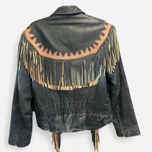 Vintage Black Leather Fringe Jacket Studded Western Moto Small - Picture 5 of 10